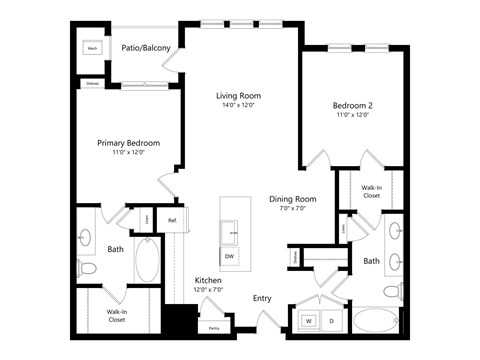 Floor plan for 2 beds, 2 baths, 1099 sqft